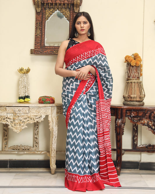 Printed Red Ikkat Print Cotton MulMul Saree