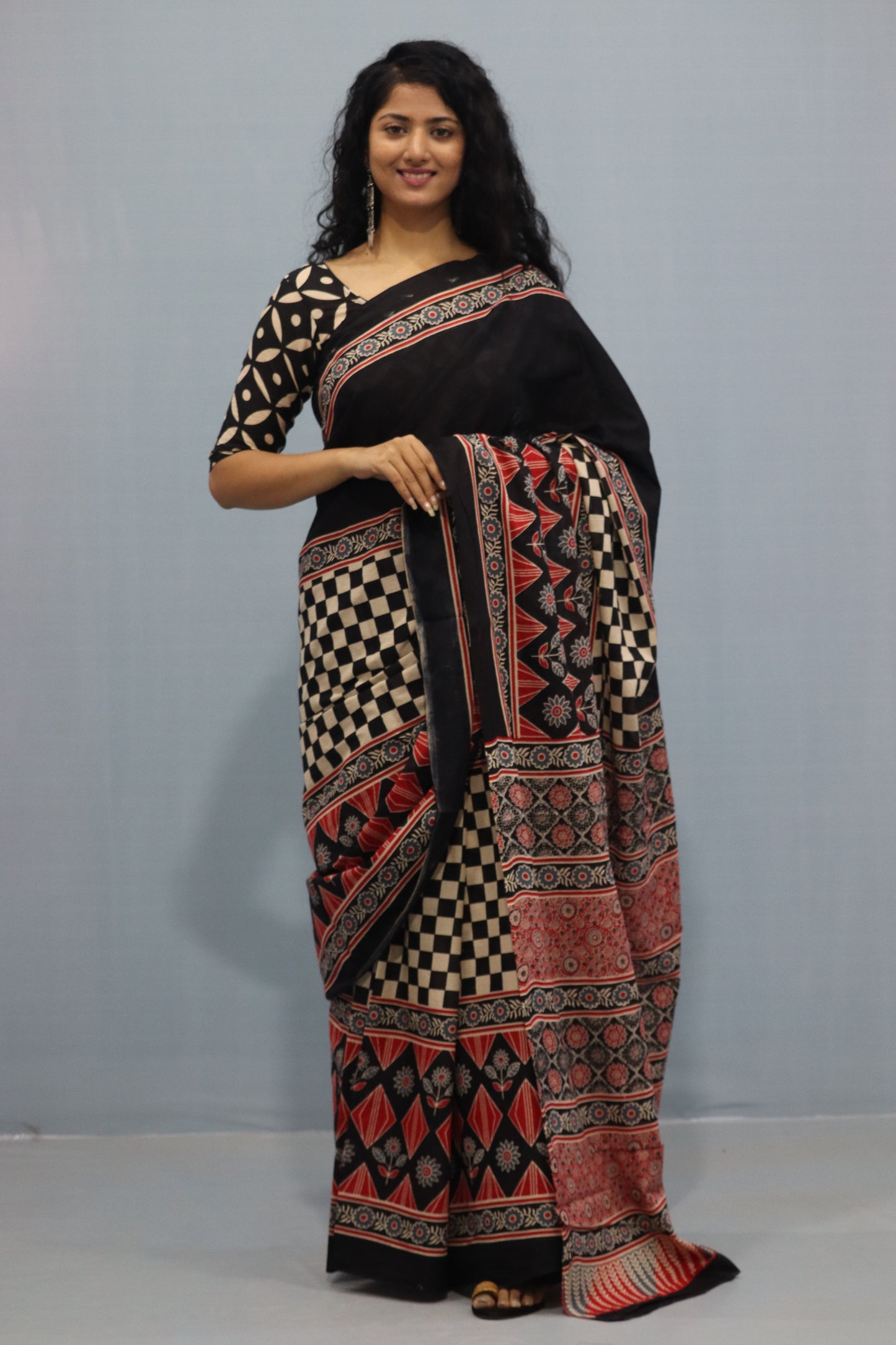 Printed Black Ajrak Print Cotton MulMul Saree