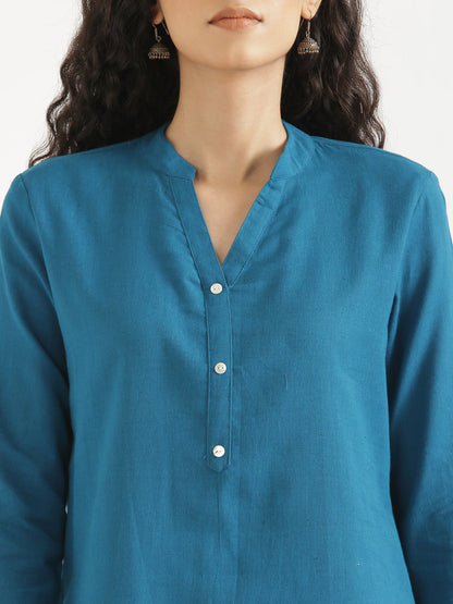 TEAL BLUE AIRY LINEN SHORT KURTA