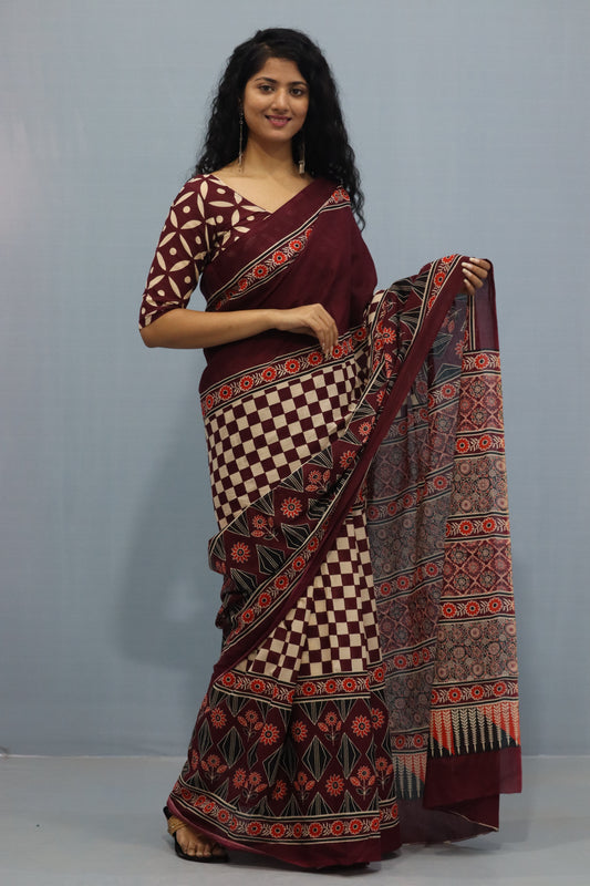 Printed Maroon Ajrak Print Cotton MulMul Saree