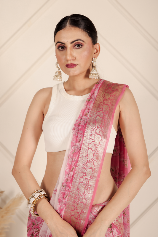 Premium Pink and white Chiffon Saree