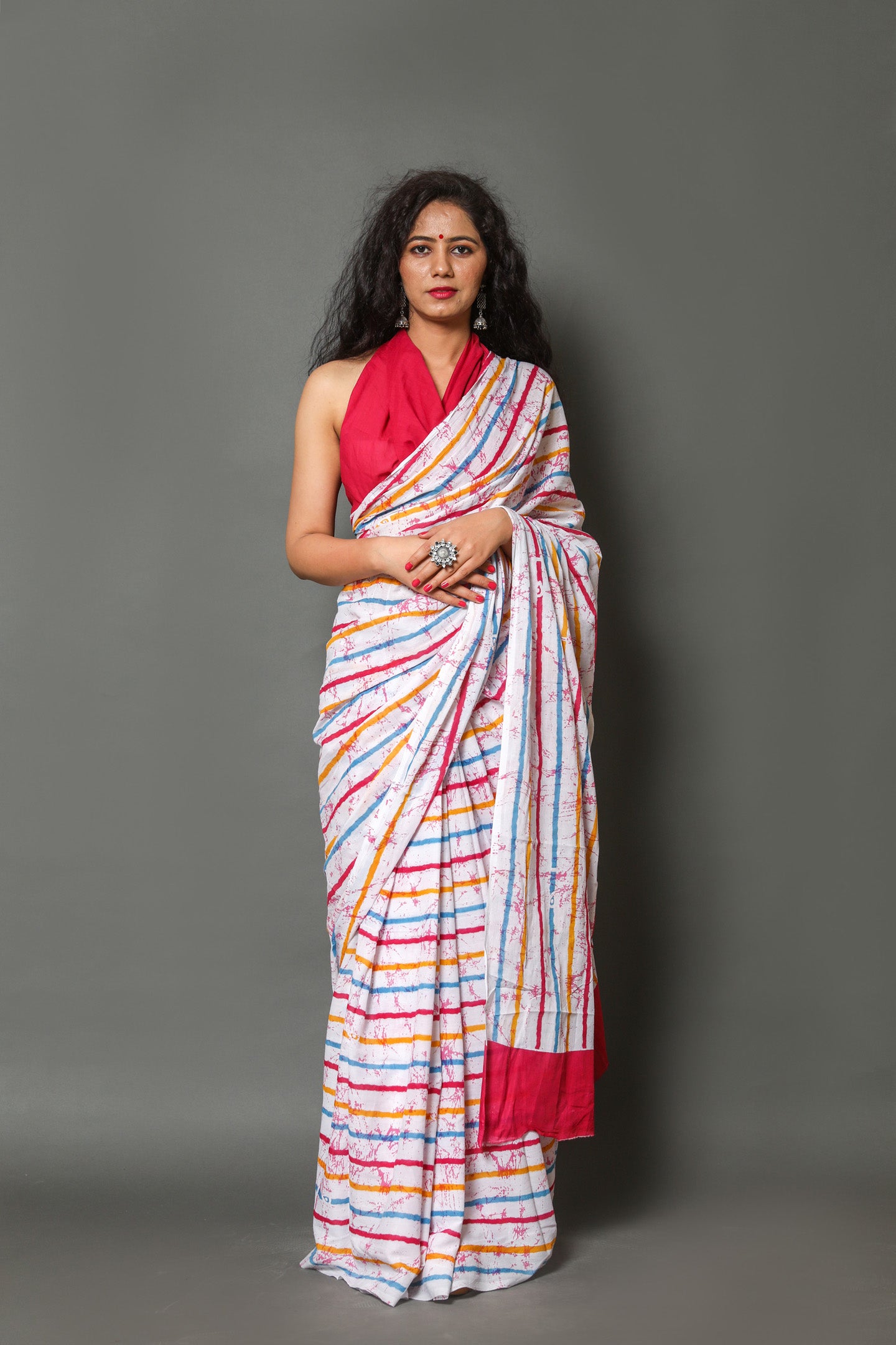 Cotton MulMul Multi Strips Printed Sarees