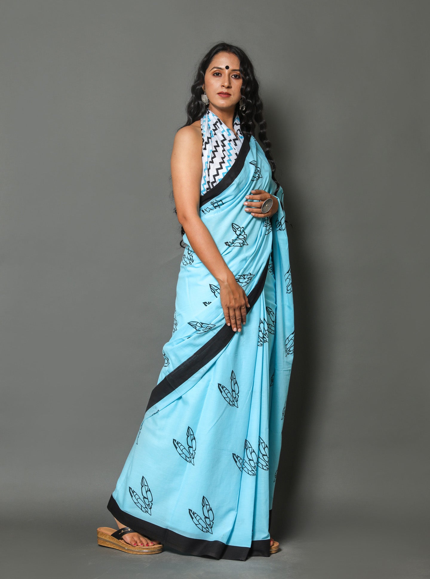 Cotton MulMul Sky Blue Printed Sarees