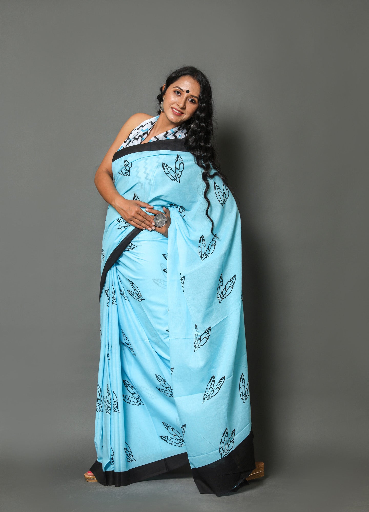 Cotton MulMul Sky Blue Printed Sarees