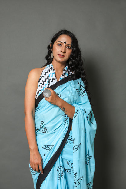 Cotton MulMul Sky Blue Printed Sarees