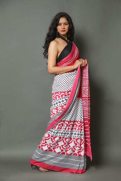 Cotton MulMul Pink Printed Sarees