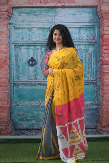 Printed Mustard Yellow Batik Print Cotton MulMul Saree