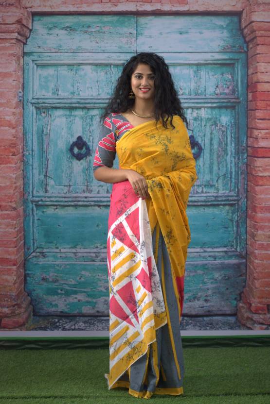 Printed Mustard Yellow Batik Print Cotton MulMul Saree