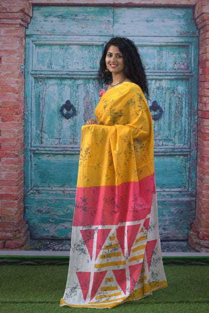 Printed Mustard Yellow Batik Print Cotton MulMul Saree