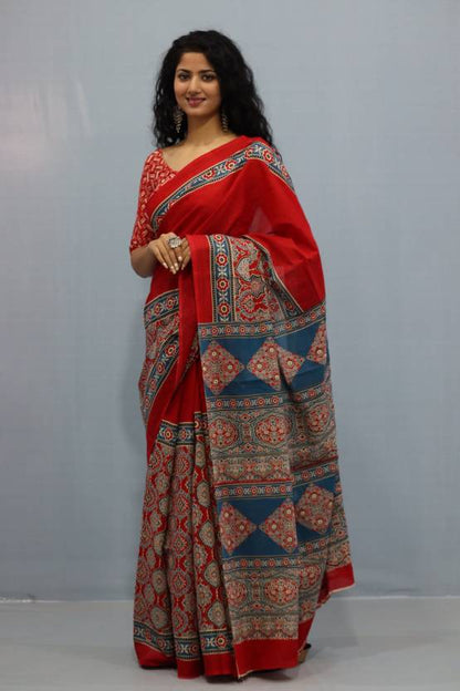 Printed Red Ajrak Print Cotton MulMul Saree