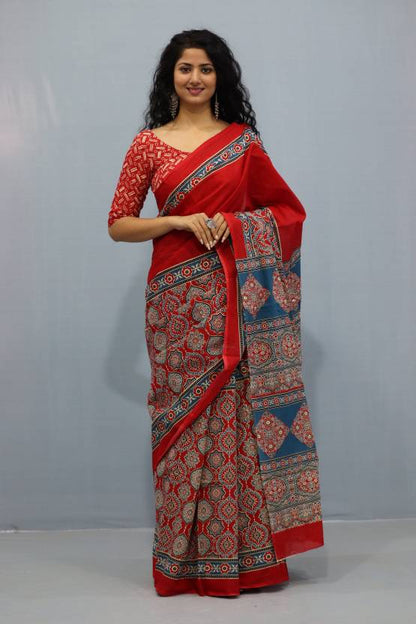 Printed Red Ajrak Print Cotton MulMul Saree