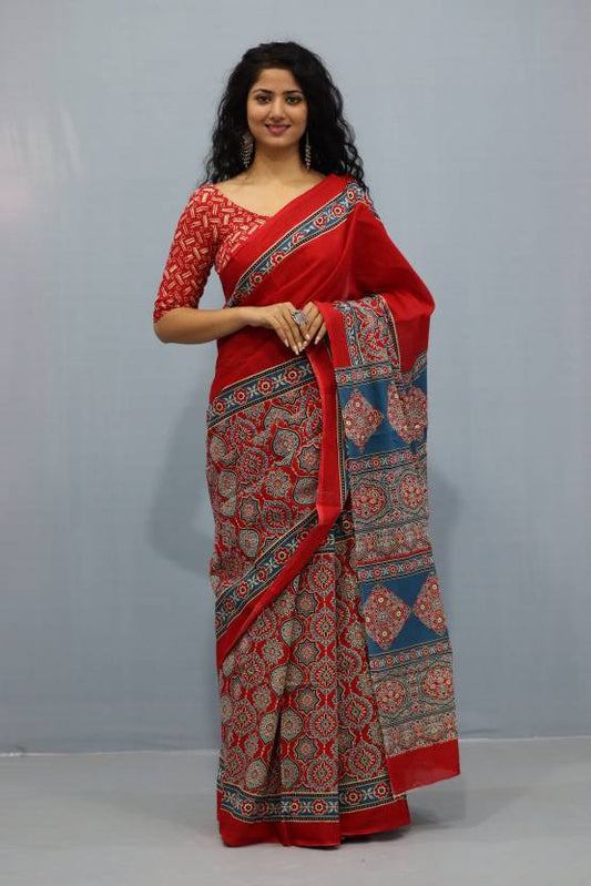 Printed Red Ajrak Print Cotton MulMul Saree