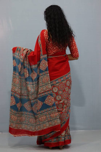 Printed Red Ajrak Print Cotton MulMul Saree