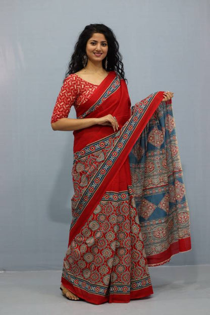 Printed Red Ajrak Print Cotton MulMul Saree