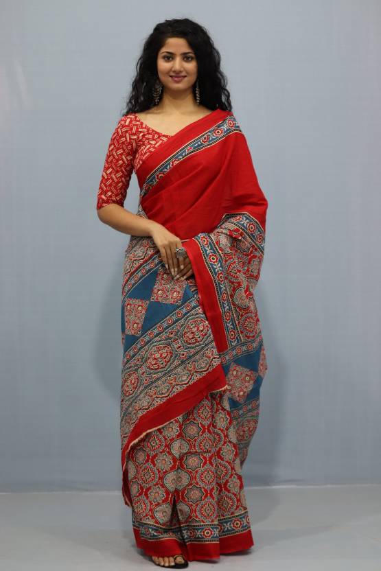 Printed Red Ajrak Print Cotton MulMul Saree