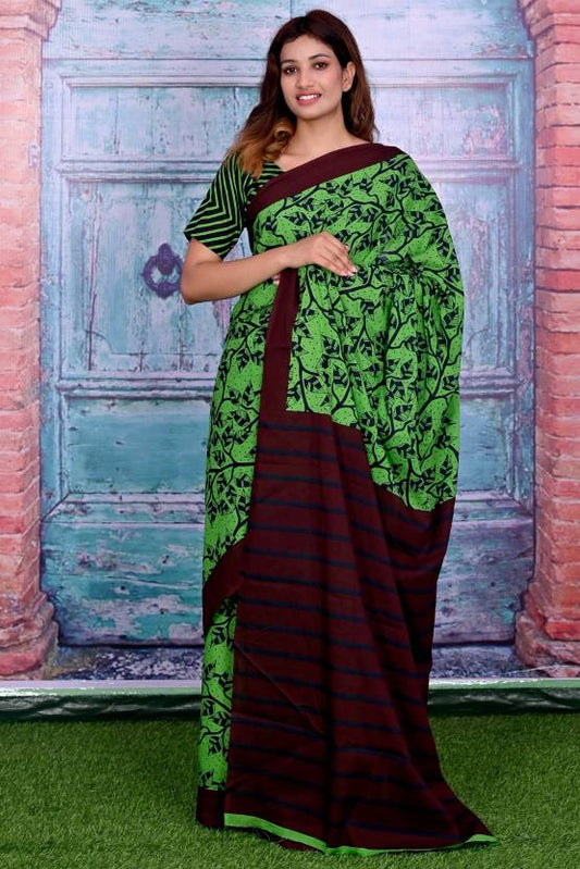 Cotton MulMul Green Printed Sarees