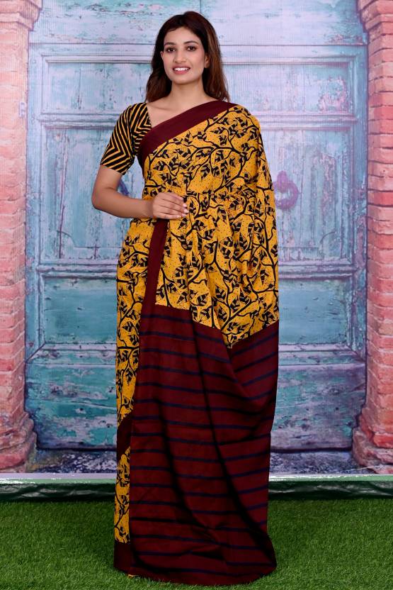 Cotton MulMul Yellow Printed Sarees