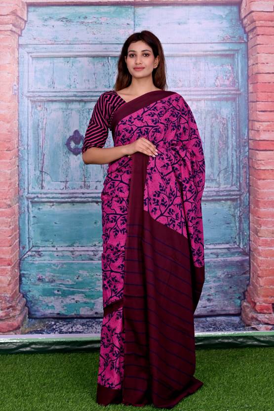 Cotton MulMul Pink Printed Sarees