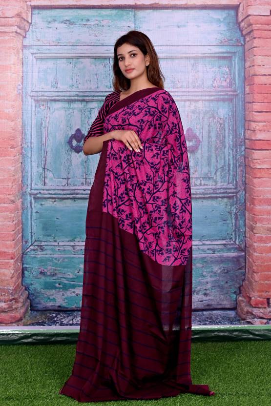 Cotton MulMul Pink Printed Sarees