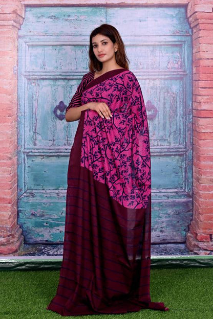 Cotton MulMul Pink Printed Sarees