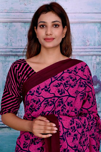 Cotton MulMul Pink Printed Sarees