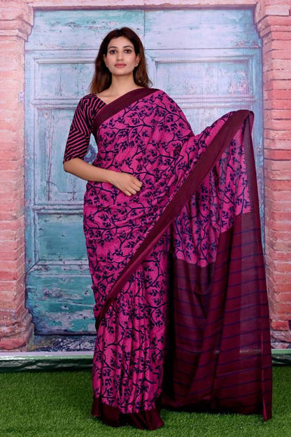 Cotton MulMul Pink Printed Sarees