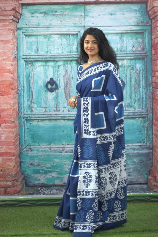 Printed Blue Dabu Print Cotton MulMul Saree