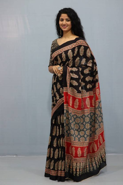 Printed Black Ajrak Print Cotton MulMul Saree