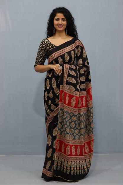 Printed Black Ajrak Print Cotton MulMul Saree