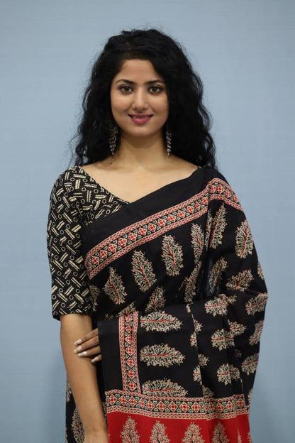 Printed Black Ajrak Print Cotton MulMul Saree