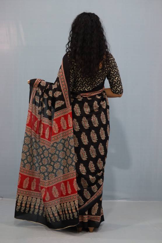 Printed Black Ajrak Print Cotton MulMul Saree