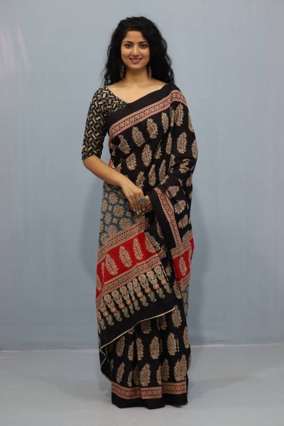 Printed Black Ajrak Print Cotton MulMul Saree