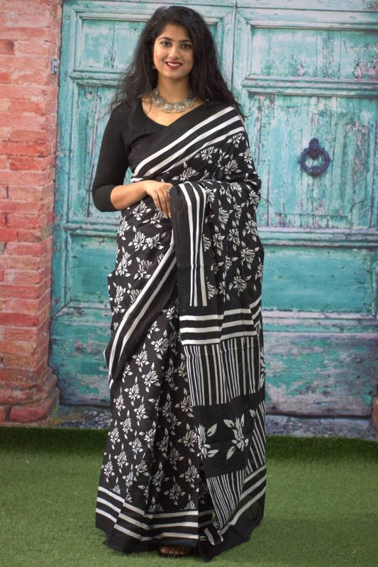 Printed Black n White Print Cotton MulMul Saree