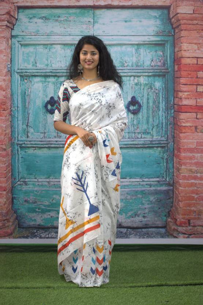 Printed White Batik Print Cotton MulMul Saree