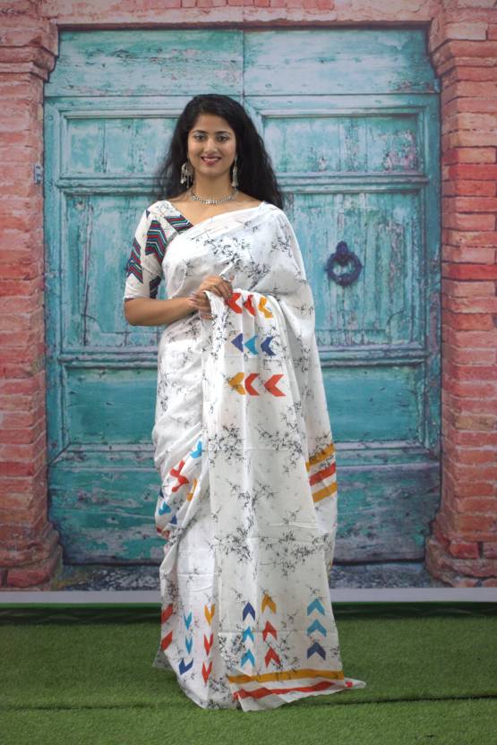 Printed White Batik Print Cotton MulMul Saree