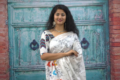 Printed White Batik Print Cotton MulMul Saree