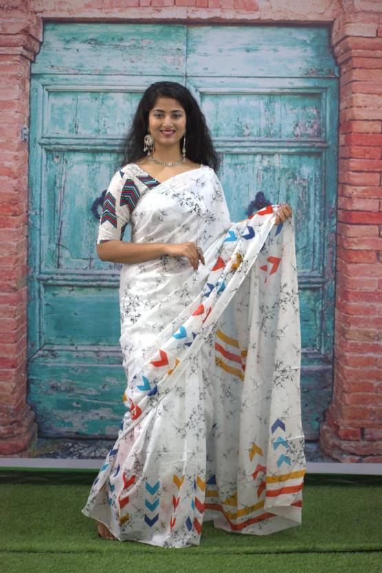 Printed White Batik Print Cotton MulMul Saree