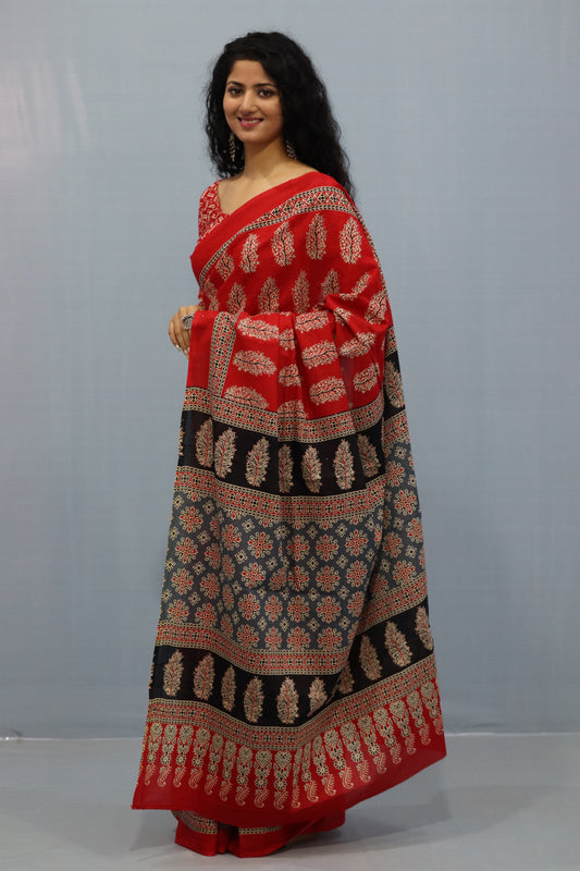 Printed Red Ajrak Print Cotton MulMul Saree