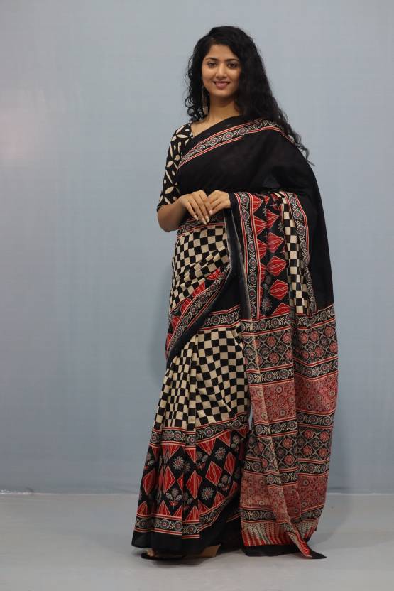 Printed Black Ajrak Print Cotton MulMul Saree