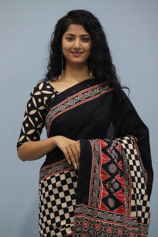 Printed Black Ajrak Print Cotton MulMul Saree