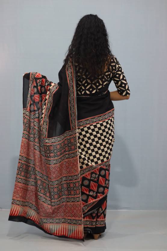 Printed Black Ajrak Print Cotton MulMul Saree