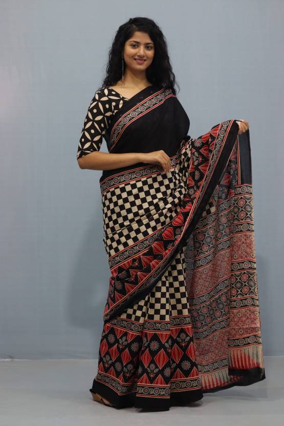 Printed Black Ajrak Print Cotton MulMul Saree