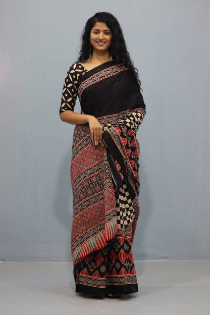 Printed Black Ajrak Print Cotton MulMul Saree