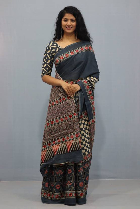 Printed Grey Ajrak Print Cotton MulMul Saree