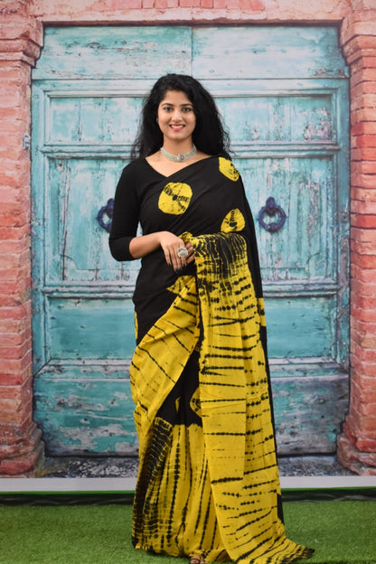 Printed Black Shibori Print Cotton MulMul Saree