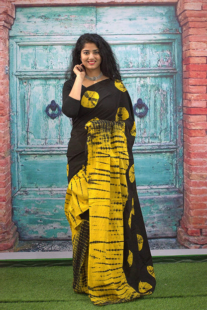 Printed Black Shibori Print Cotton MulMul Saree