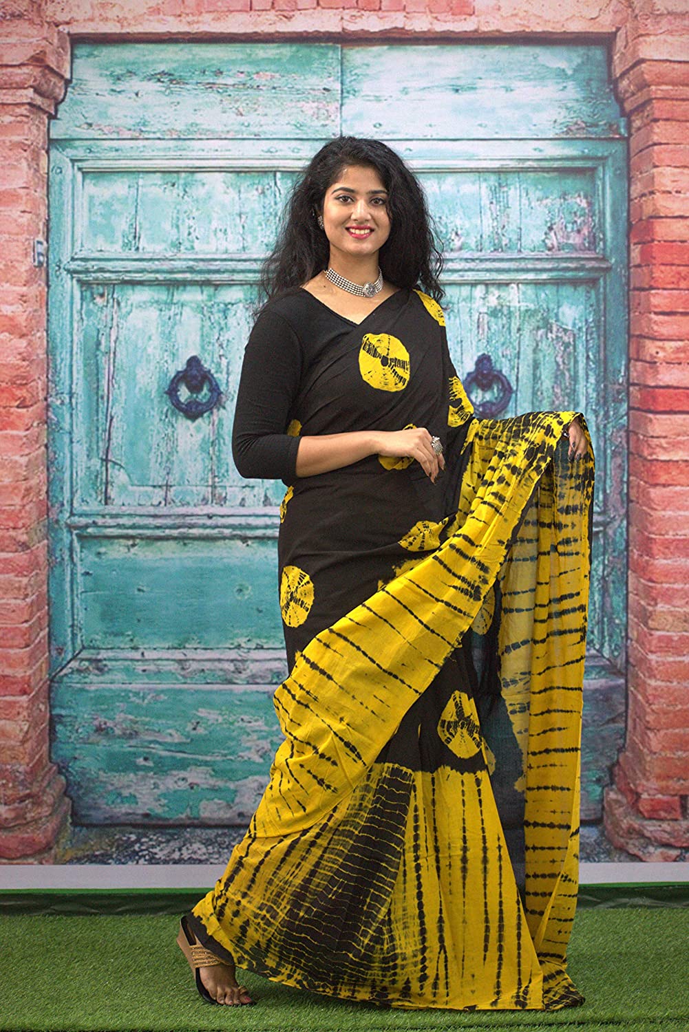 Printed Black Shibori Print Cotton MulMul Saree