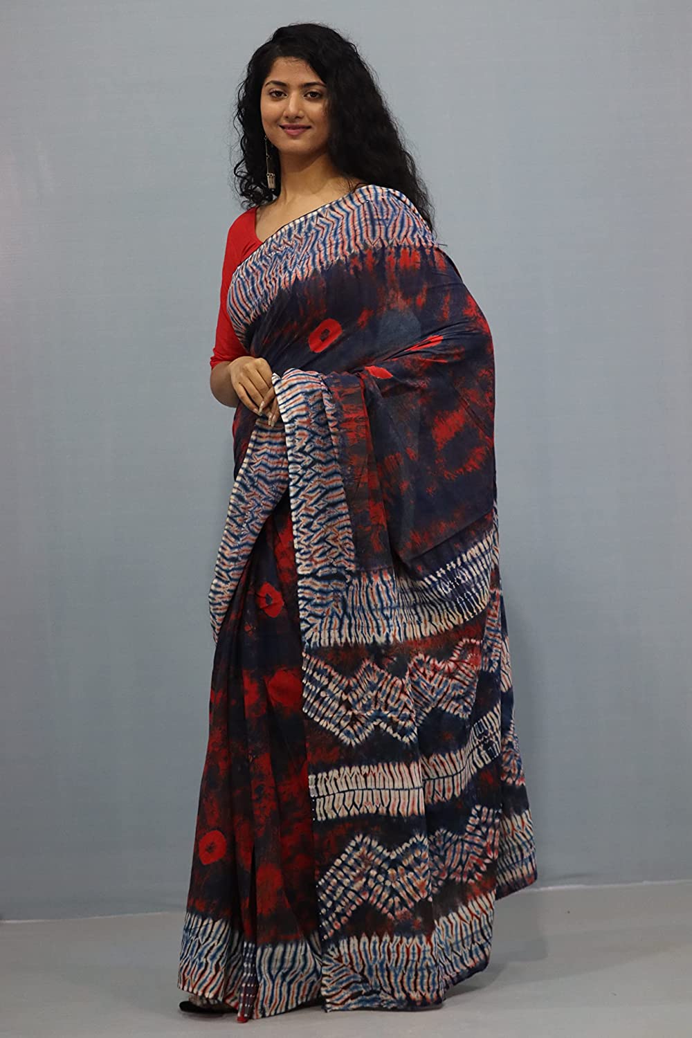 Printed Black Shibori Print Cotton MulMul Saree