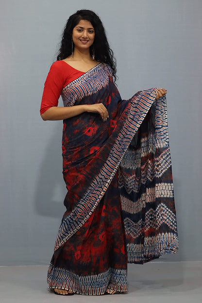 Printed Black Shibori Print Cotton MulMul Saree