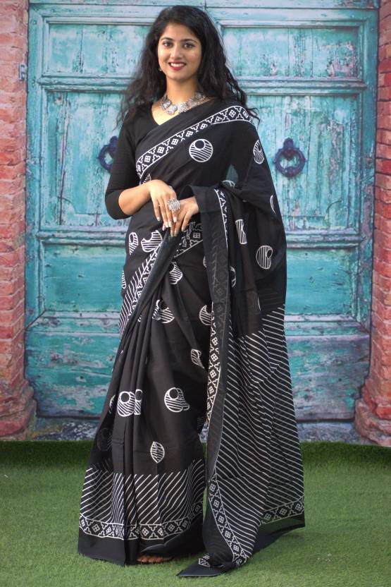 Printed Black n White Print Cotton MulMul Saree